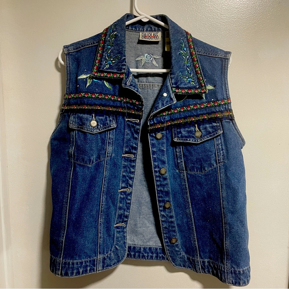 Vintage Women's Bill Blass Jeans Denim Vest Embroidery Floral & Rhinestone EUC M